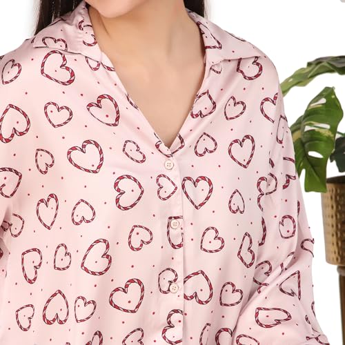 Masha Women's Satin Over-Size-Red-Heart Night Suit Top & Pajama Set (Small, Light-Green) - Image 5