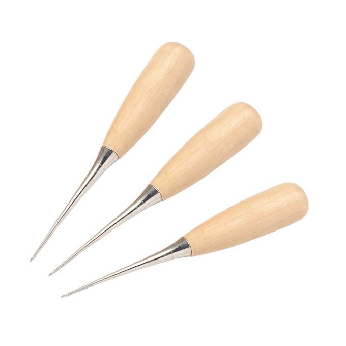 LEATHER CRAFT AWL TOOLS LEATHER HOLE PUNCH TOOL SEWING PUNCHING HOLE MAKER STITCHING OVER STITCH WOOD HANDLE 3 PACKS
