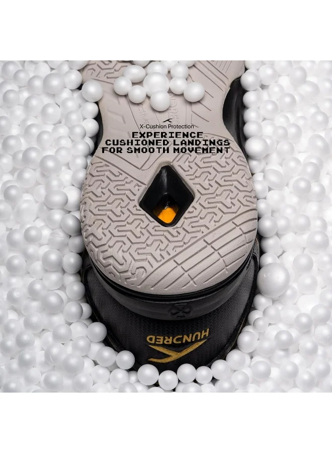هندرد أحذية رايز ليدز بادمنتون (غير لاصقة) | خفيفة ومتينة | X-Cushion، نعل Active Grip، مساعد أصابع (أسود::ذهبي، 7UK)