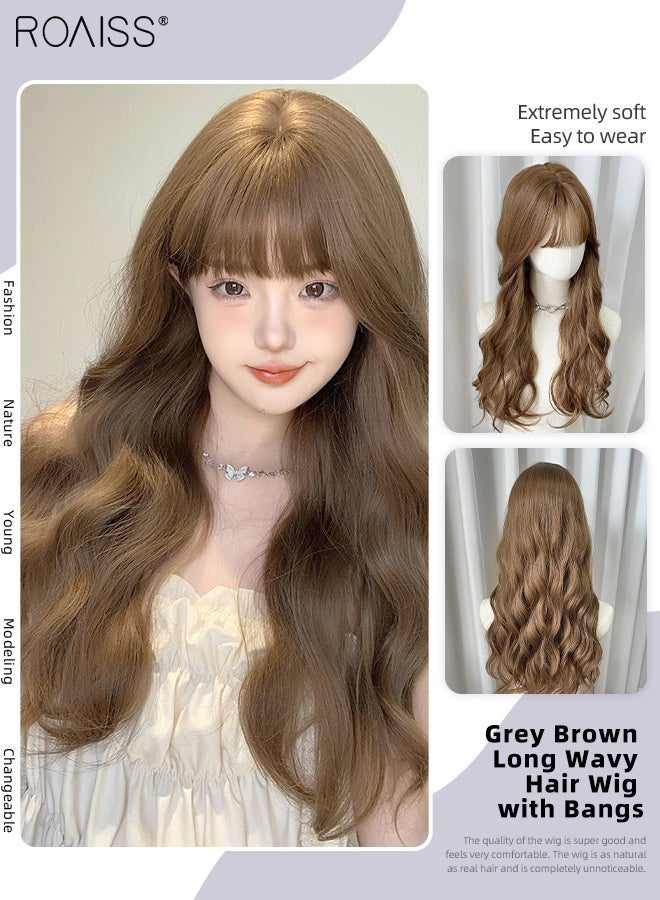 roaiss Long Wavy Grey Brown Hair Wig, Women's Middle Parting Natural Soft Synthetic Heat Resistant Hair Wig Fluffy Wavy Wigs Daily Cosplay Party Use - Image 1