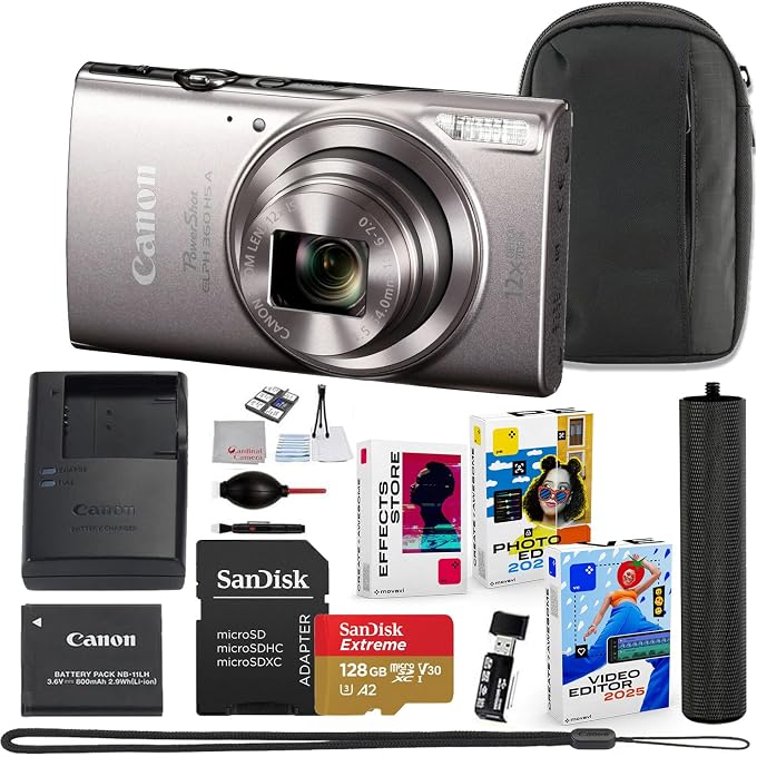 Canon PowerShot ELPH 360 HS A Digital Camera Bundle (Silver) + Accessory Package Including Sandisk 128GB Extreme Micro Card, Grip, Pouch & Photo/Video Editing Software Package (16 Items) - Image 1