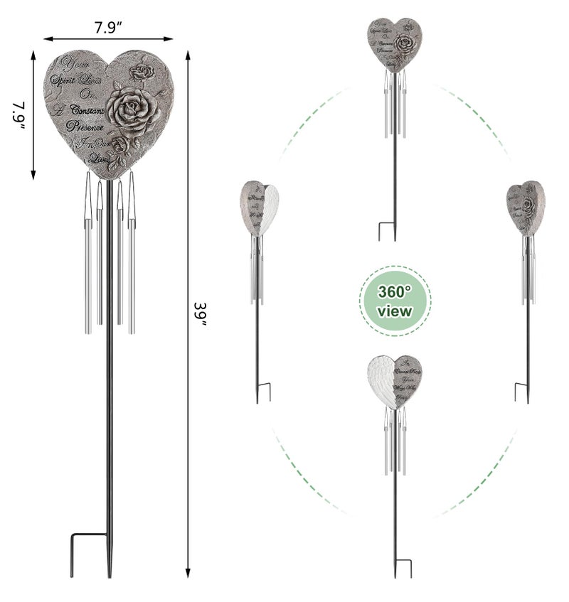 bocola Resin Heart Wind Chime with Rose & Angel Wings Engravings - Memorial Plaques for Garden Cemetery Grave Decoration-Sympathy Gifts for Loss of Loved One - Image 2