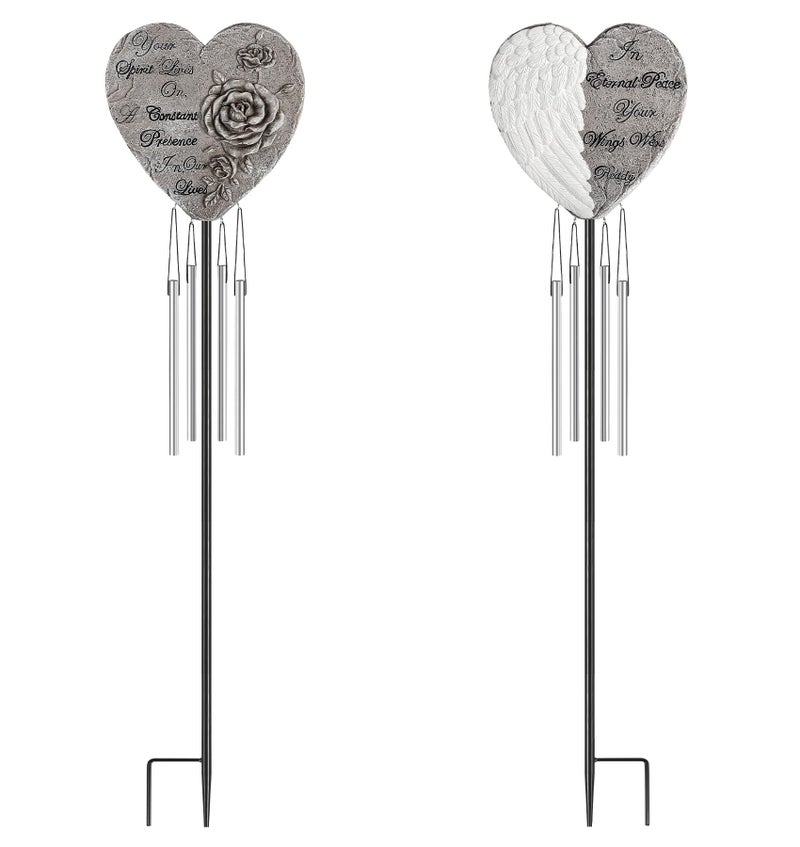 bocola Resin Heart Wind Chime with Rose & Angel Wings Engravings - Memorial Plaques for Garden Cemetery Grave Decoration-Sympathy Gifts for Loss of Loved One - Image 1