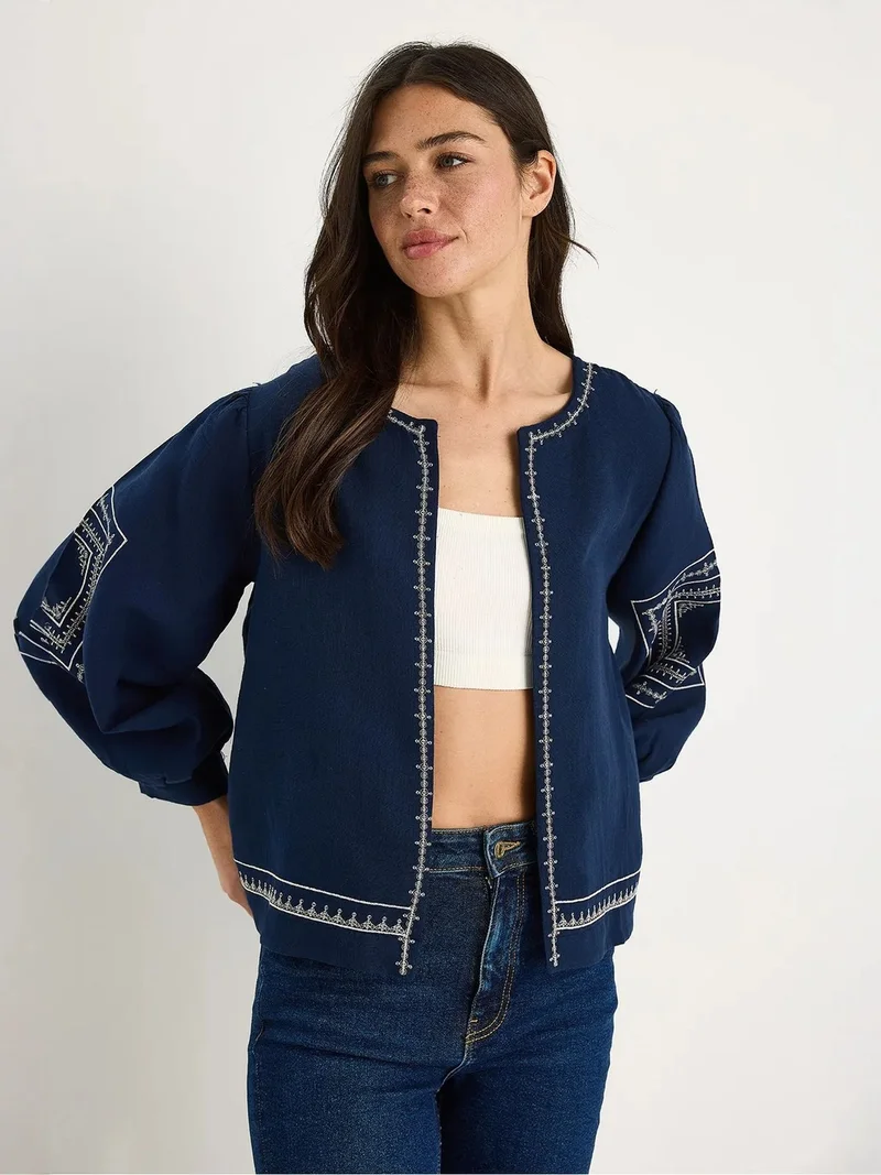Bianco Lucci LUCCI Embroidered Crew Neck Casual Jacket