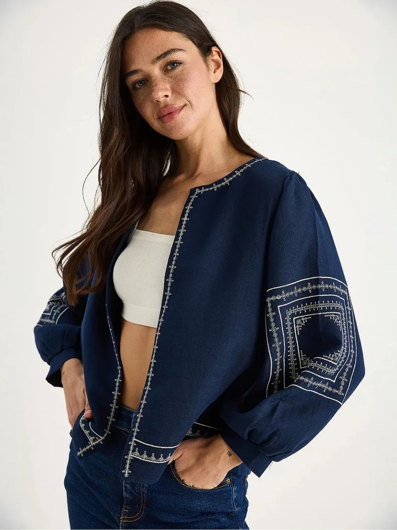 Bianco Lucci LUCCI Embroidered Crew Neck Casual Jacket