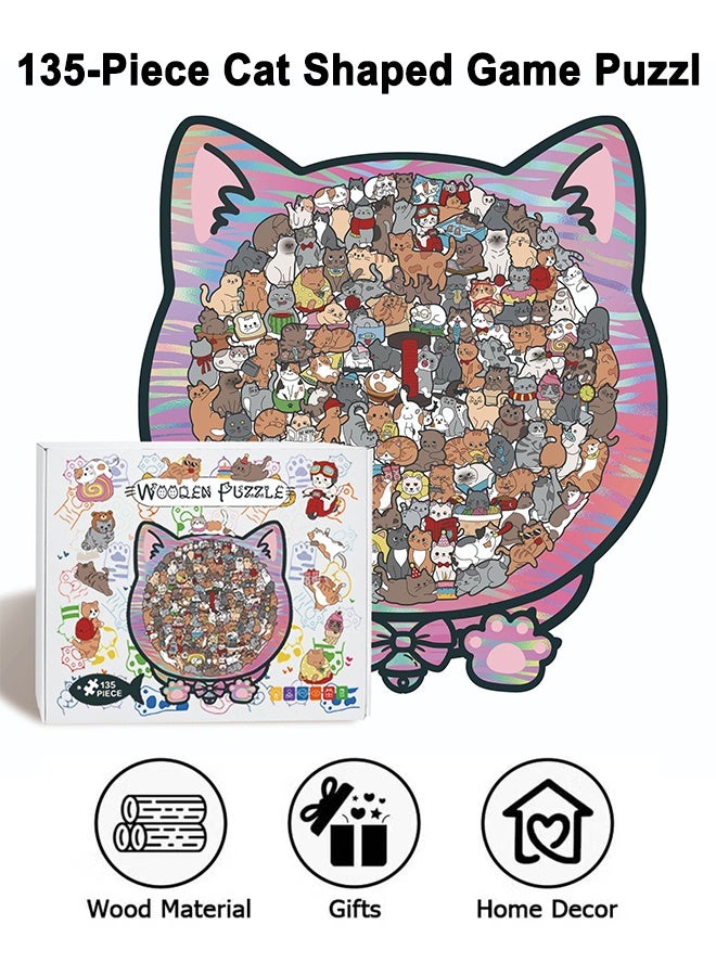 135 -Piece Colored Cat Shaped Wooden Jigsaw Puzzle for Kids and Adults, Wood Cat Puzzl Shaped Wooden Puzzle, Creative Art Puzzle Game, Beautiful Wall‑Decor Gift for Cats Lovers,Home Decor - Image 1