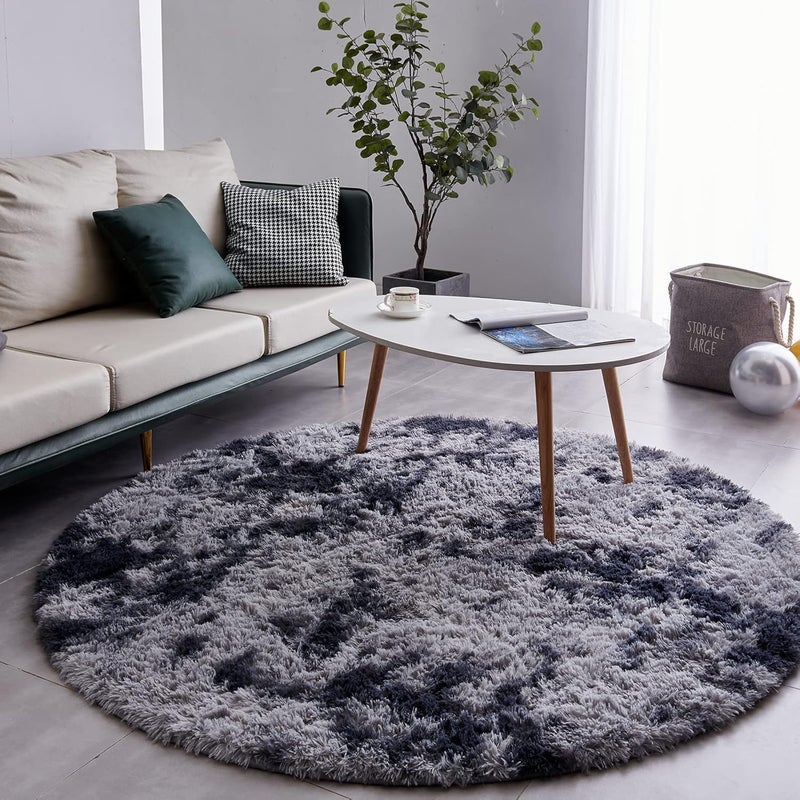 FJZFING Tie-Dyed Dark Grey Round Rug Ultra-Soft Plush Modern 5x5 Circle Area Rug for Kid's Bedroom, Fluffy Shag Circular Rug for Nursery Room, Non-Slip Home Decor Cute Carpet for Teen's Room - Image 2
