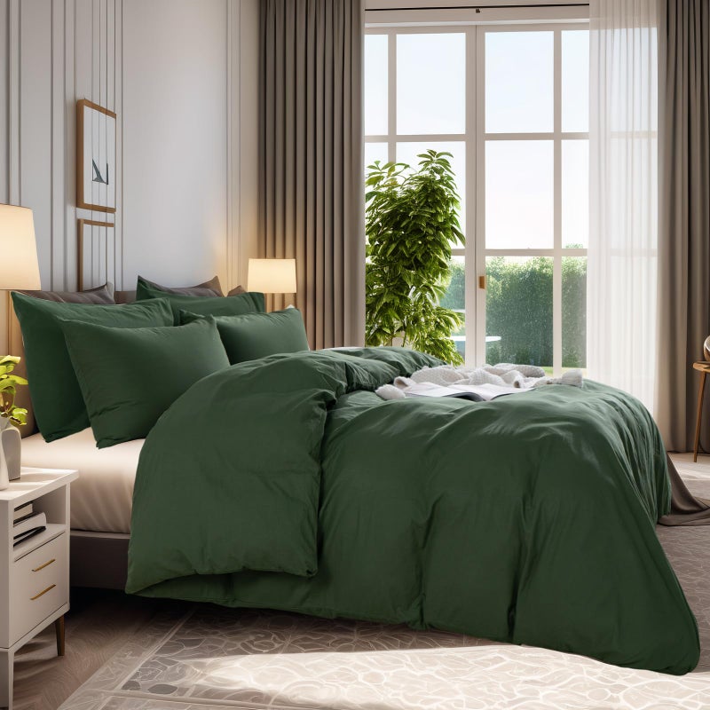 NEXHOME PRO Duvet Cover Set Queen Size Linen Feel Textured Organic Natural 100% Washed Cotton Duvet Cover 3 Pieces Bedding Set with Zipper Closure, Breathable, Soft, Forest Green (No Comforter) - Image 3