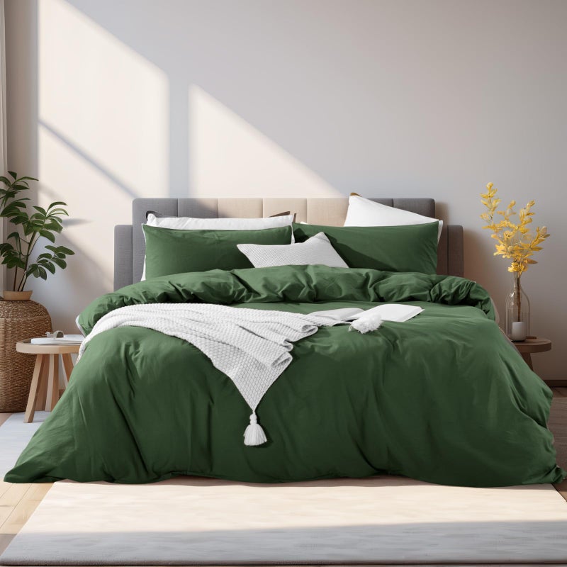 NEXHOME PRO Duvet Cover Set Queen Size Linen Feel Textured Organic Natural 100% Washed Cotton Duvet Cover 3 Pieces Bedding Set with Zipper Closure, Breathable, Soft, Forest Green (No Comforter) - Image 2