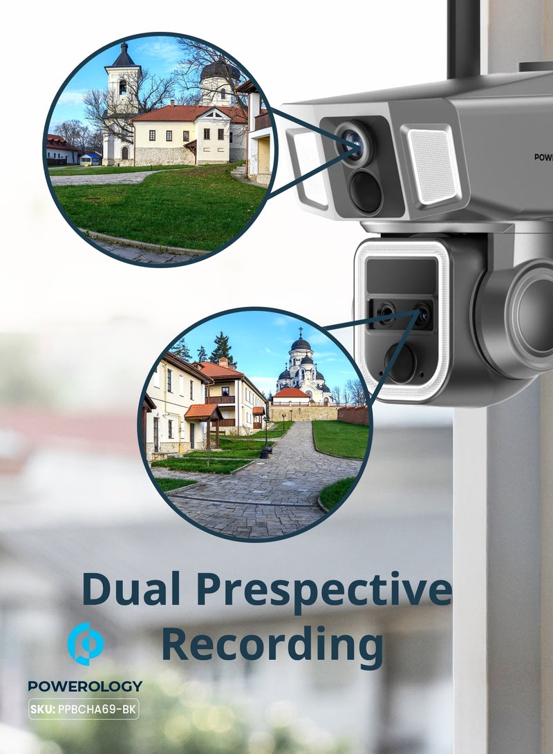 باورولوجي كاميرا خارجية متعددة الاستخدامات 360° 4G/WIFI بعدسة مزدوجة 2 ميجا بكسل / شحن بالطاقة الشمسية / تسجيل بمنظور مزدوج / أضواء رصاصية قوية / إنذار صفارة الإنذار / تكبير مستمر 10 مرات - أسود - Image 2