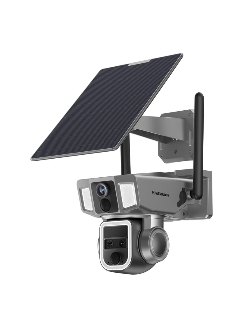 باورولوجي كاميرا خارجية متعددة الاستخدامات 360° 4G/WIFI بعدسة مزدوجة 2 ميجا بكسل / شحن بالطاقة الشمسية / تسجيل بمنظور مزدوج / أضواء رصاصية قوية / إنذار صفارة الإنذار / تكبير مستمر 10 مرات - أسود - Image 1