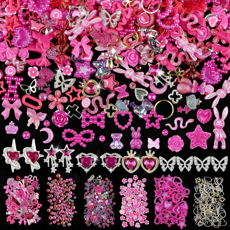 650pcs Mixed 3D Nail Charms Kit, 12pcs Luxury Metal Nail Rhinestones and 250pcs Resin Butterfly Flower Star Heart Bow Charms with 400pcs Flatback Pearls Rhinestone Metal Gems Charms (Hot Pink)