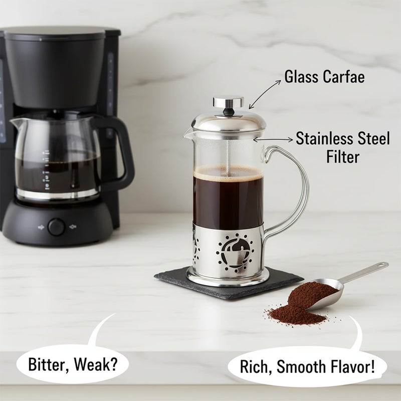 BNYD Single Serve French Press Coffee Maker â€“ 12 oz Mini Stainless Steel & Glass Brewer for 1 Cup, Portable & Affordable Manual Coffee Press with Fine Mesh Filter for Home, Travel, or Camping - Image 4