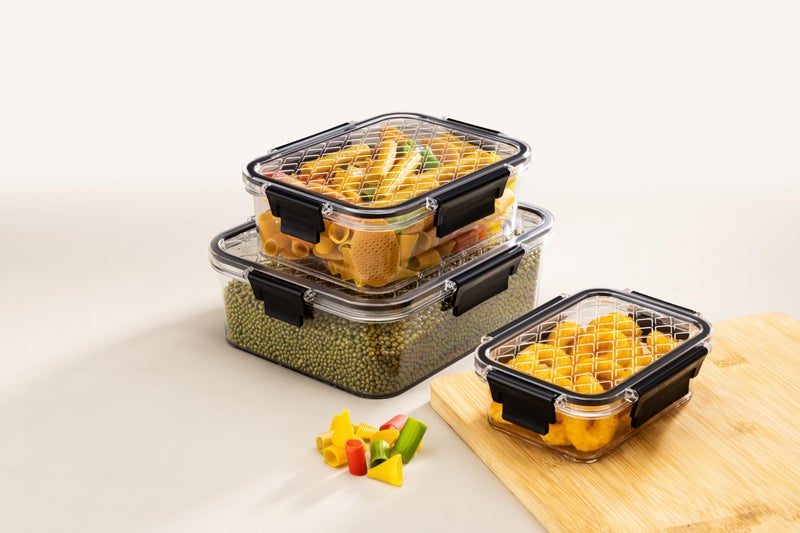 ATTRO Smart Lock Fridge Containers PET Plastic Jars Airtight Lids Multi-Purpose Kitchen Organiser for Pulses Cereals Spices & More – Black- Set Of 3-350ml, 750ml, 1500ml - Image 2