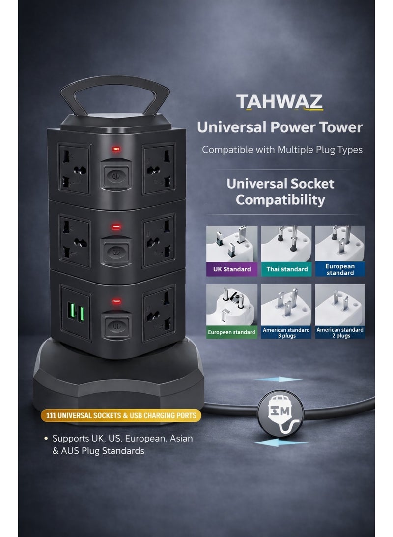 TAHWAZ Universal Power Strip Tower with 11 Sockets & 2 USB Ports, Surge Protection, 3 Meter Cable, Independent Switches, Vertical Extension Lead – Black - Image 2