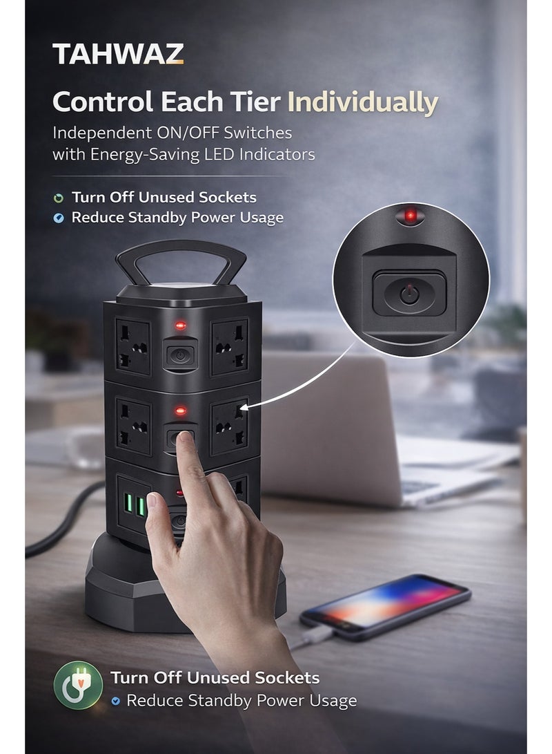 TAHWAZ Universal Power Strip Tower with 11 Sockets & 2 USB Ports, Surge Protection, 3 Meter Cable, Independent Switches, Vertical Extension Lead – Black - Image 4