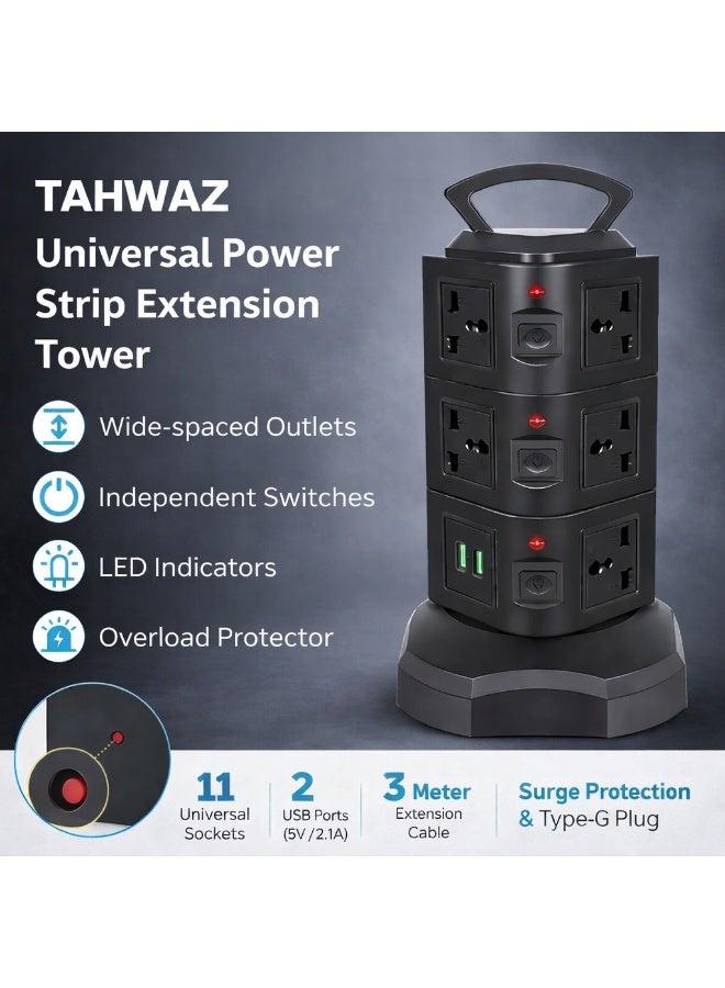 TAHWAZ Universal Power Strip Tower with 11 Sockets & 2 USB Ports, Surge Protection, 3 Meter Cable, Independent Switches, Vertical Extension Lead – Black - Image 1