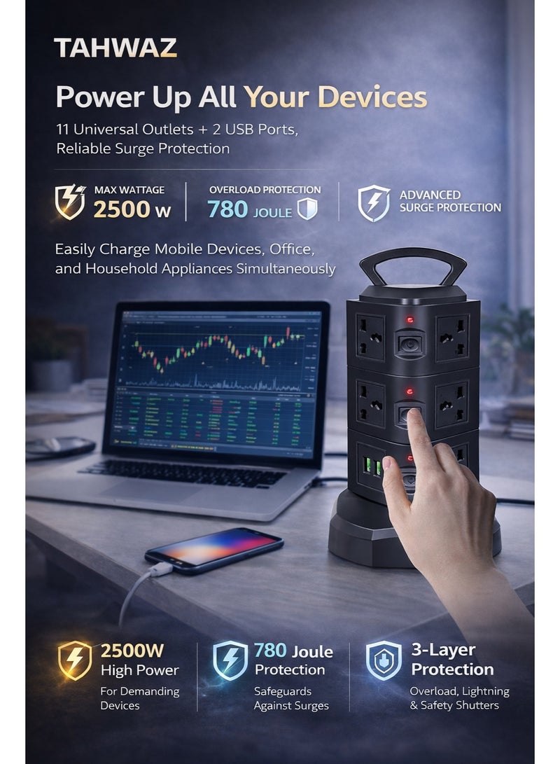 TAHWAZ Universal Power Strip Tower with 11 Sockets & 2 USB Ports, Surge Protection, 3 Meter Cable, Independent Switches, Vertical Extension Lead – Black - Image 3