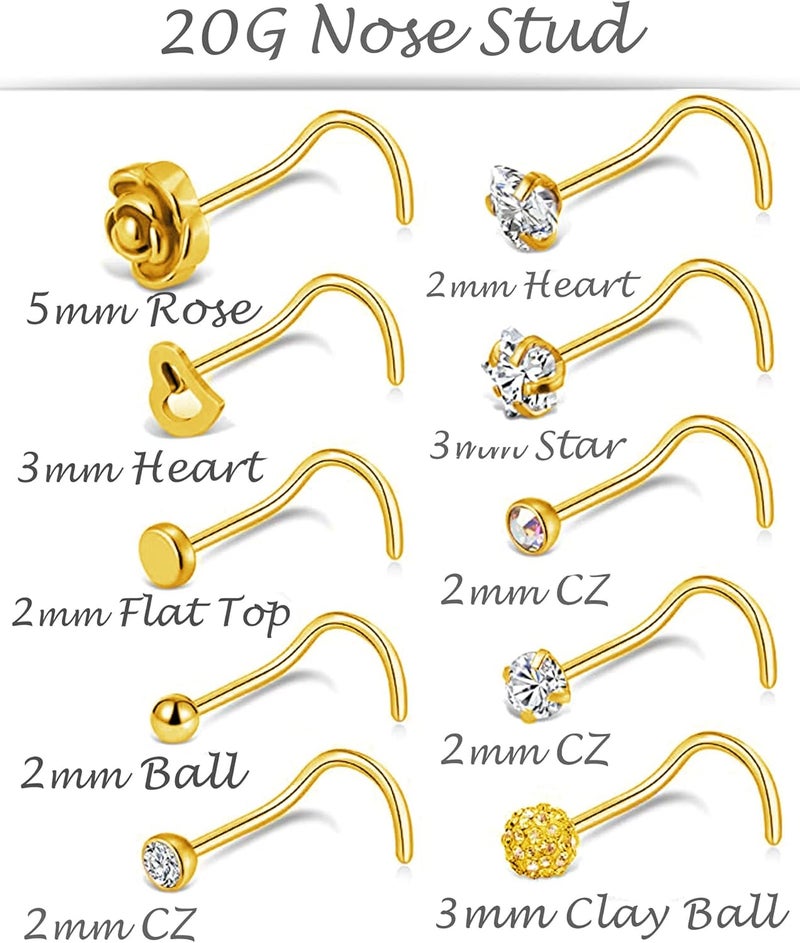 Tornito 20G 10Pcs Stainless Steel Nose Screw Studs Rings CZ Nose Ring Labret Nose Piercing Jewelry for Men Women Silver Rose Gold Tone - Image 2