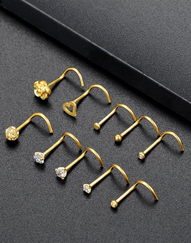 Tornito 20G 10Pcs Stainless Steel Nose Screw Studs Rings CZ Nose Ring Labret Nose Piercing Jewelry for Men Women Silver Rose Gold Tone - Image 5