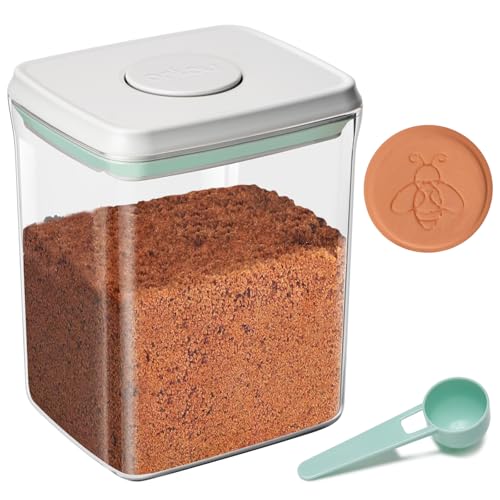 Mutclord POP Airtight Brown-Sugar Keeper-Container - 1.3Qt(42Oz/1.2L) Clear Jar | 1/2 Tablespoon Scoop | Brown Sugar Saver | Stackable One-Touch Opening - Image 1