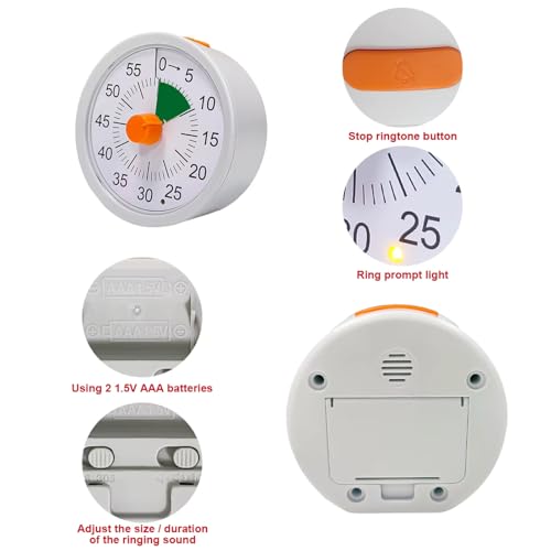 The AutoStory 60 Minute Visual Timer Clock – Silent Countdown Timer for Kids & Adults | Time Management for Classroom, Kitchen, Study, Office, ADHD, Homeschool, Tasks & Games (Round, White) - Image 5