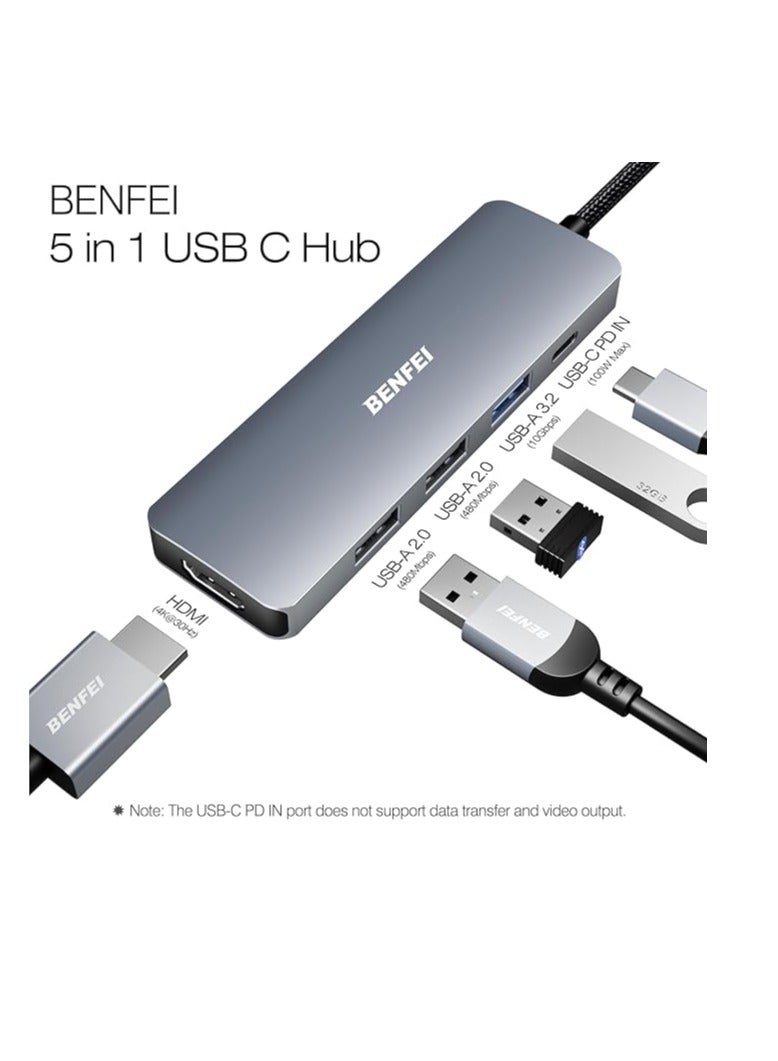 بنفي موزع USB-C 5 في 1 من بينفي مع HDMI بدقة 4K، 3 منافذ USB-A، توصيل طاقة 100 وات، كابل بتصميم من السيليكون والمنسوج، جراب من الألومنيوم متوافق مع ماك بوك برو/إير، آيباد برو، آي ماك، آيفون 15 برو/برو ماكس، XPS، ثينك باد - Image 3