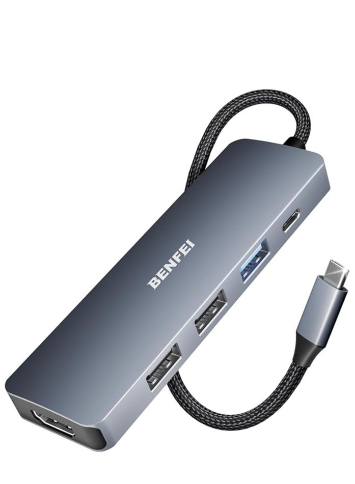 بنفي موزع USB-C 5 في 1 من بينفي مع HDMI بدقة 4K، 3 منافذ USB-A، توصيل طاقة 100 وات، كابل بتصميم من السيليكون والمنسوج، جراب من الألومنيوم متوافق مع ماك بوك برو/إير، آيباد برو، آي ماك، آيفون 15 برو/برو ماكس، XPS، ثينك باد - Image 1