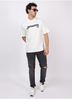 OCTAVE Octave Men's Oversized Printed Graphic Cotton  T-shirt with Back Print,White  - Image 1