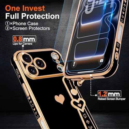 LLZ.COQUE Compatible with iPhone 17 Pro Max Case with Strap for Women Girls [2× Screen Protectors], Cute Love-Hearts, Wristband Kickstand Luxury Plating Edge Protective Phone Case (6.9") - Black - Image 4