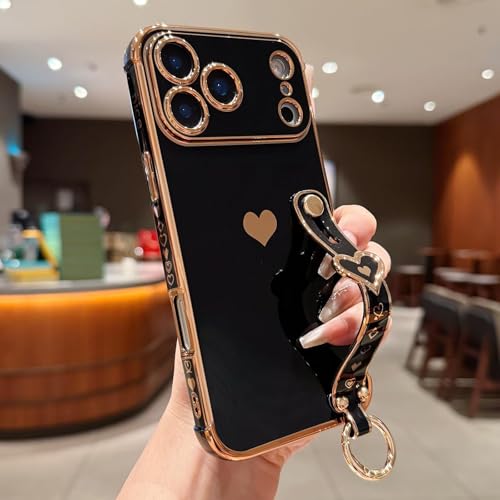 LLZ.COQUE Compatible with iPhone 17 Pro Max Case with Strap for Women Girls [2× Screen Protectors], Cute Love-Hearts, Wristband Kickstand Luxury Plating Edge Protective Phone Case (6.9") - Black - Image 2