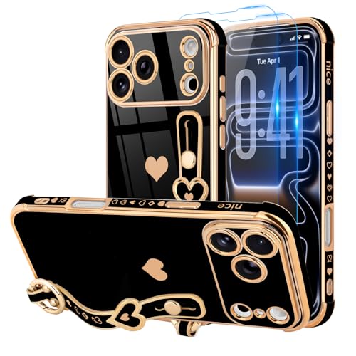 LLZ.COQUE Compatible with iPhone 17 Pro Max Case with Strap for Women Girls [2× Screen Protectors], Cute Love-Hearts, Wristband Kickstand Luxury Plating Edge Protective Phone Case (6.9") - Black - Image 1
