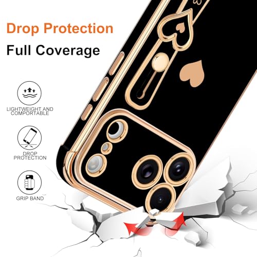 LLZ.COQUE Compatible with iPhone 17 Pro Max Case with Strap for Women Girls [2× Screen Protectors], Cute Love-Hearts, Wristband Kickstand Luxury Plating Edge Protective Phone Case (6.9") - Black - Image 5