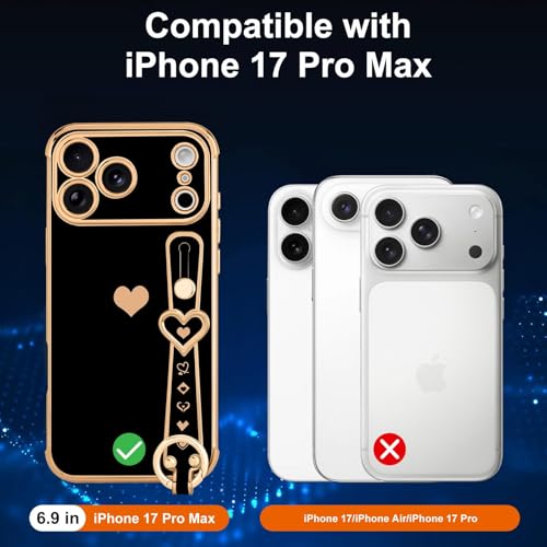 LLZ.COQUE Compatible with iPhone 17 Pro Max Case with Strap for Women Girls [2× Screen Protectors], Cute Love-Hearts, Wristband Kickstand Luxury Plating Edge Protective Phone Case (6.9") - Black - Image 3