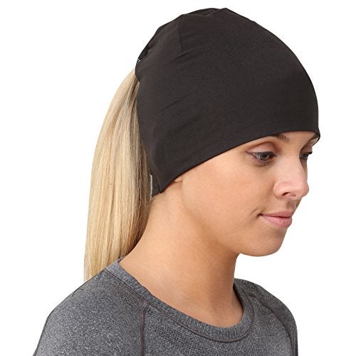 TrailHeads Ponytail Hat - Adrenaline Series | Women’s Running Beanie with Reflective Accents | Black Skull Cap - Black - Image 1