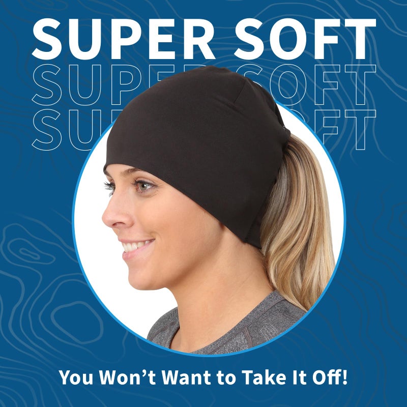 TrailHeads Ponytail Hat - Adrenaline Series | Women’s Running Beanie with Reflective Accents | Black Skull Cap - Black - Image 3