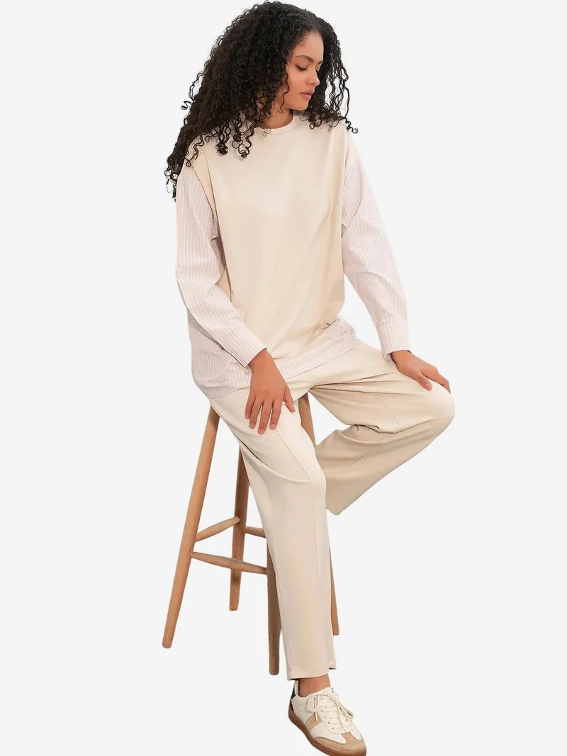 Big Dart Beige Natural BDART Striped Long Crew Neck Two-Piece Coord Set for Women | Best Price UAE