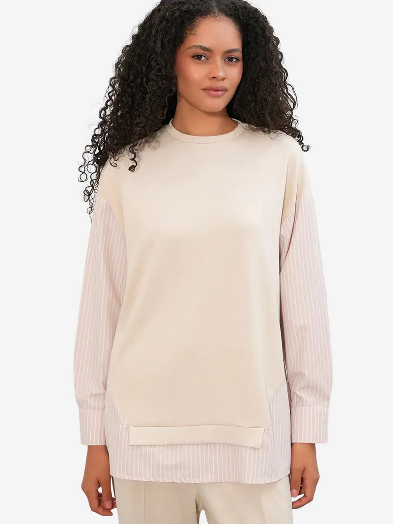 Big Dart Beige Natural BDART Striped Long Crew Neck Two-Piece Coord Set for Women | Best Price UAE