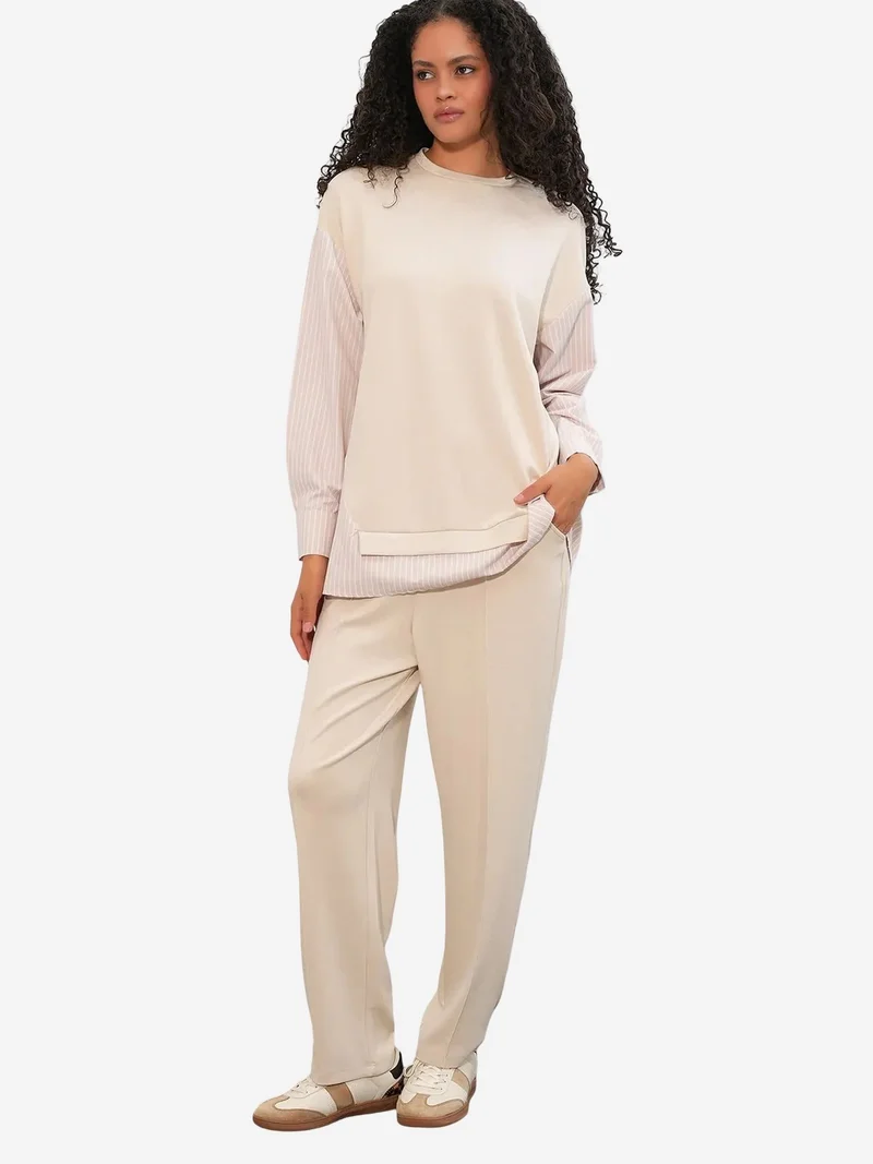 Big Dart Beige Natural BDART Striped Long Crew Neck Two-Piece Coord Set for Women | Best Price UAE