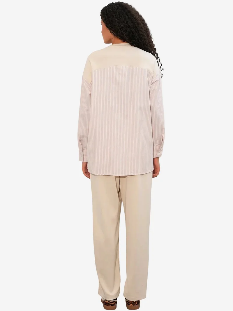 Big Dart Beige Natural BDART Striped Long Crew Neck Two-Piece Coord Set for Women | Best Price UAE