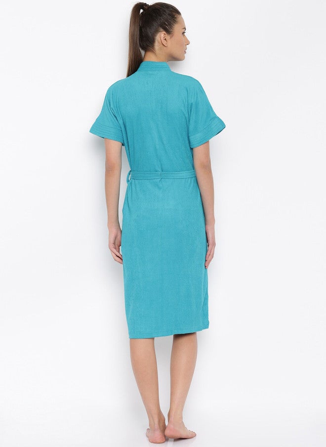 Red Rose RedRose Blue Solid Cotton Drawstring Knee Length Bath Robe - XL - Image 3