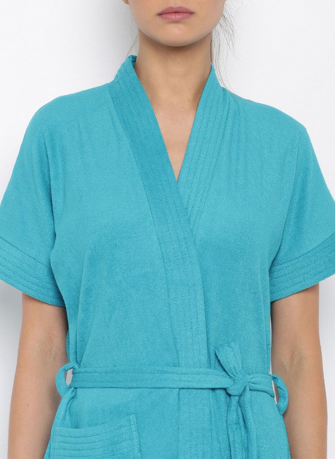 Red Rose RedRose Blue Solid Cotton Drawstring Knee Length Bath Robe - XL - Image 2