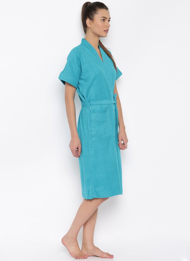 Red Rose RedRose Blue Solid Cotton Drawstring Knee Length Bath Robe - XL - Image 4