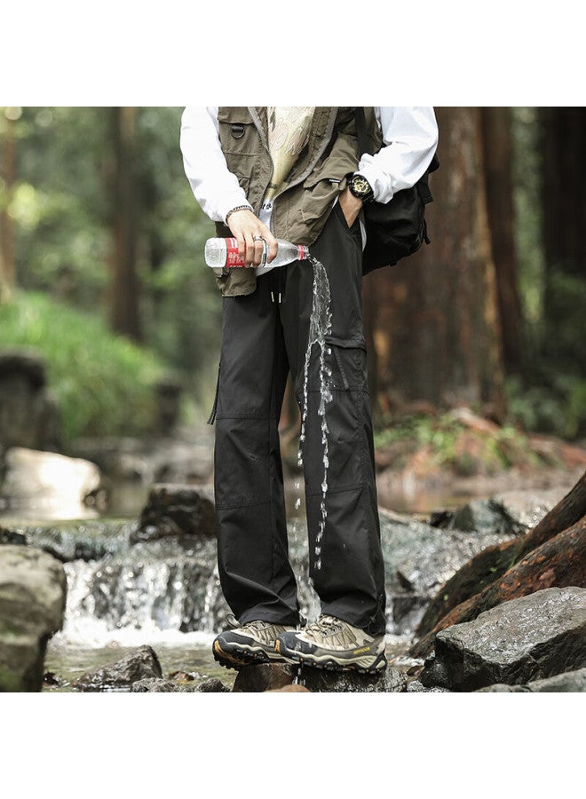 Homlean American-style Outdoor Work Pants Men's Spring And Summer Loose Wide-leg Functional Straight Waterproof Trousers Ht02 Black XL - Image 5