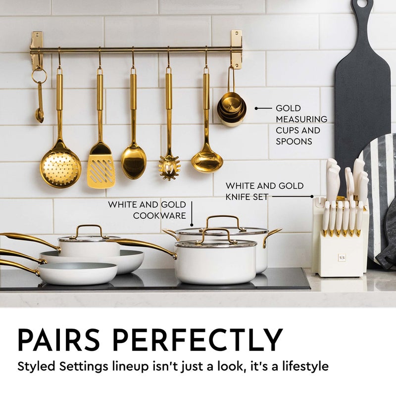 styled settings Gold Kitchen Utensils Set â€“ 5-Piece Stainless Steel Kitchen Tools for Modern Cooking and Serving â€“ Dishwasher Safe Ladle, Spoon, Spatula, Pasta Fork, Luxury Brass Kitchen Accessories for Home Chefs - Image 3