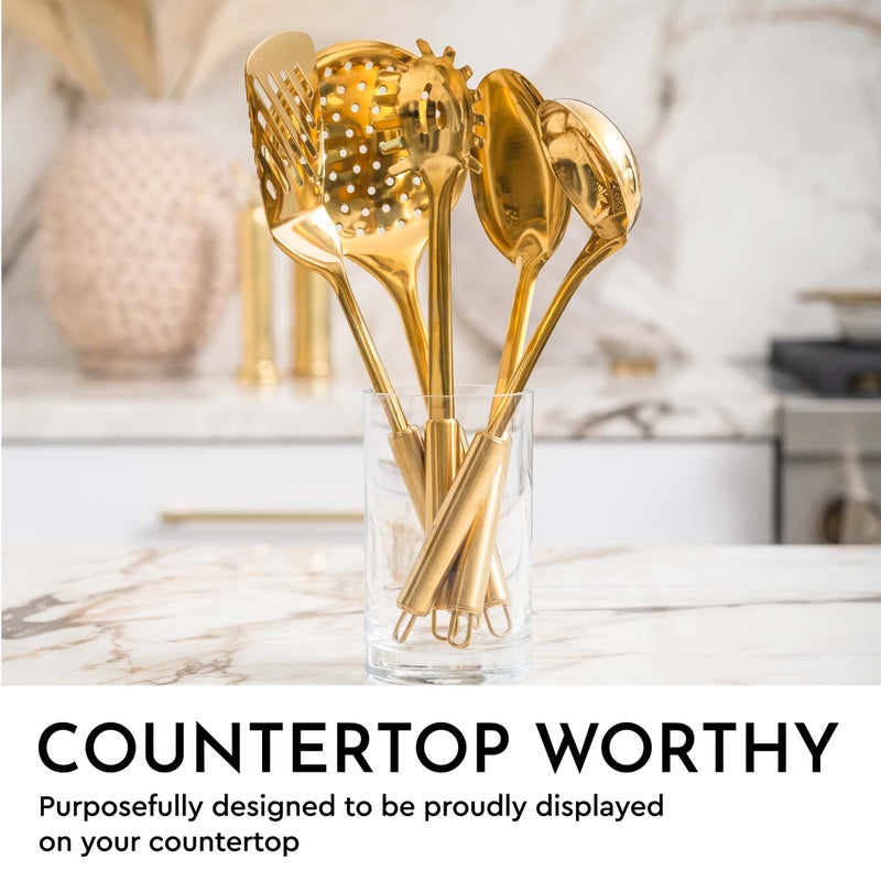 styled settings Gold Kitchen Utensils Set â€“ 5-Piece Stainless Steel Kitchen Tools for Modern Cooking and Serving â€“ Dishwasher Safe Ladle, Spoon, Spatula, Pasta Fork, Luxury Brass Kitchen Accessories for Home Chefs - Image 2