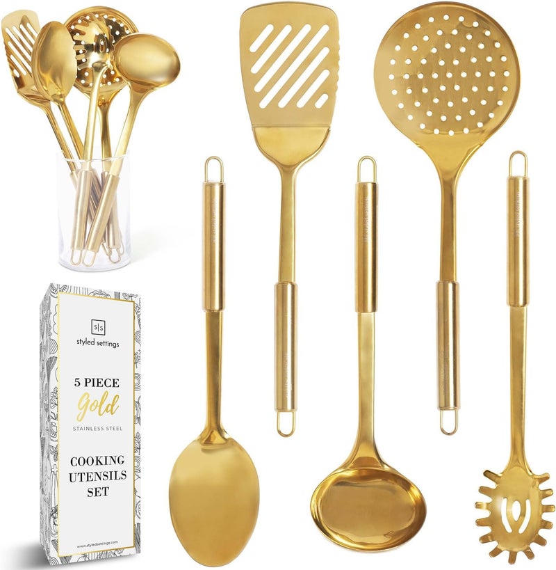 styled settings Gold Kitchen Utensils Set â€“ 5-Piece Stainless Steel Kitchen Tools for Modern Cooking and Serving â€“ Dishwasher Safe Ladle, Spoon, Spatula, Pasta Fork, Luxury Brass Kitchen Accessories for Home Chefs - Image 1