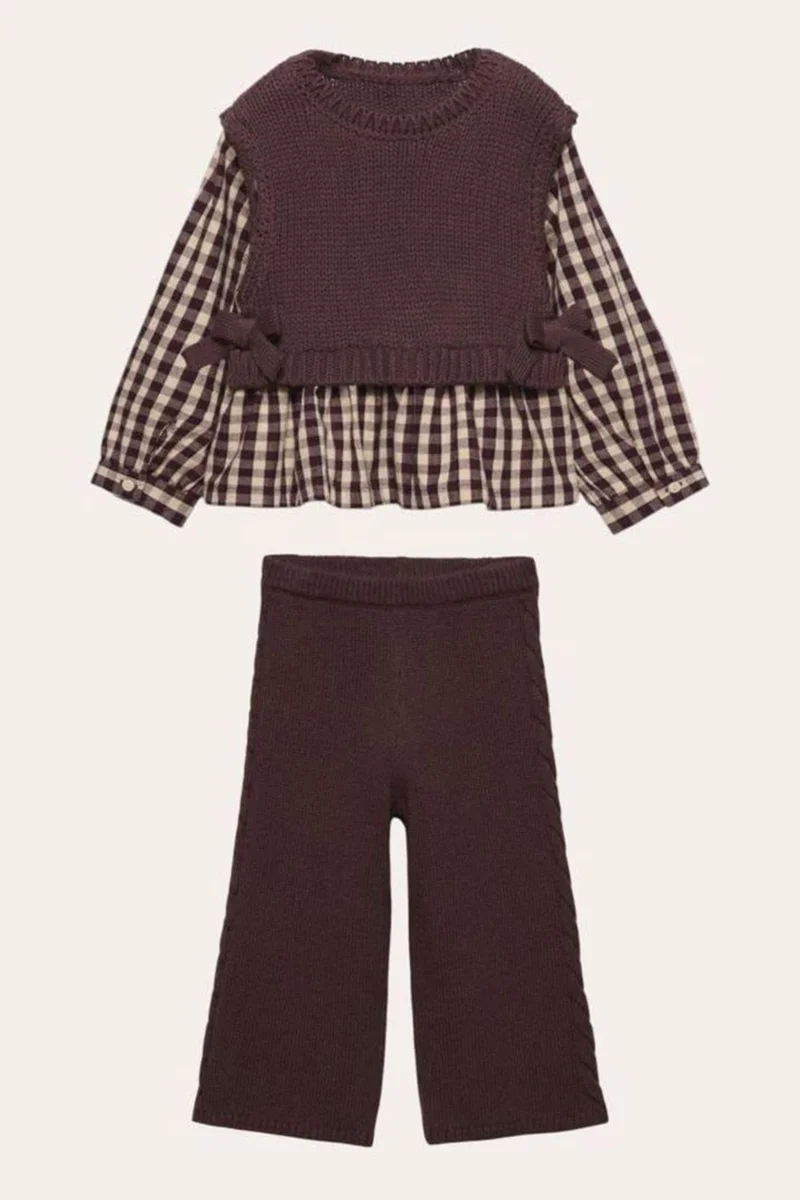 مينيمن جيجيليري My Little Ones Plaid Shirted Knitwear Girl Child Set - Brown