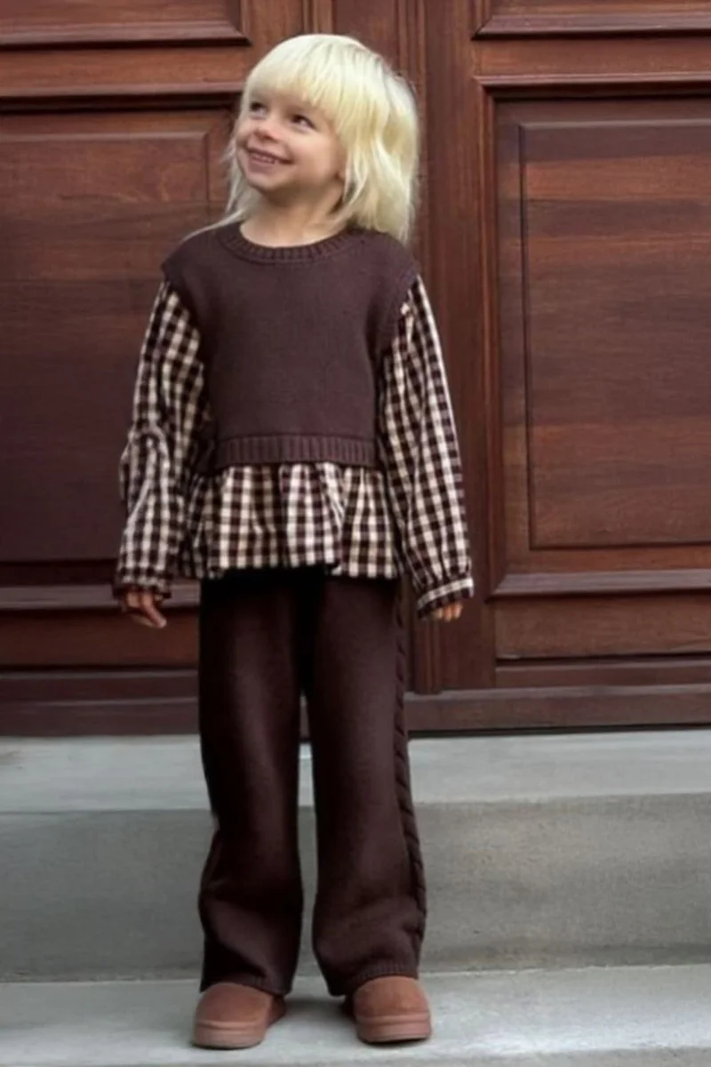 مينيمن جيجيليري My Little Ones Plaid Shirted Knitwear Girl Child Set - Brown