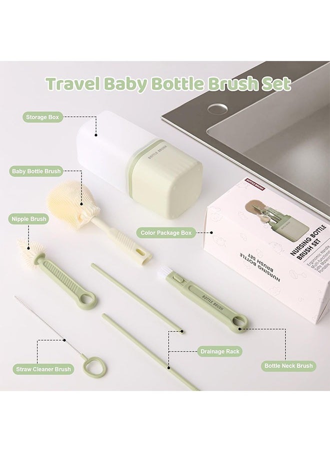 Generic - 6-piece Baby Bottle Brush, Travel Bottle Cleaner Kit with Bottle Brush, Nipple Brush, Straw Cleaning Brush, Bottle Neck Brush and Bottle Drying Rack, Baby Travel Essential for Newborn and Moms(Green) - Image 1